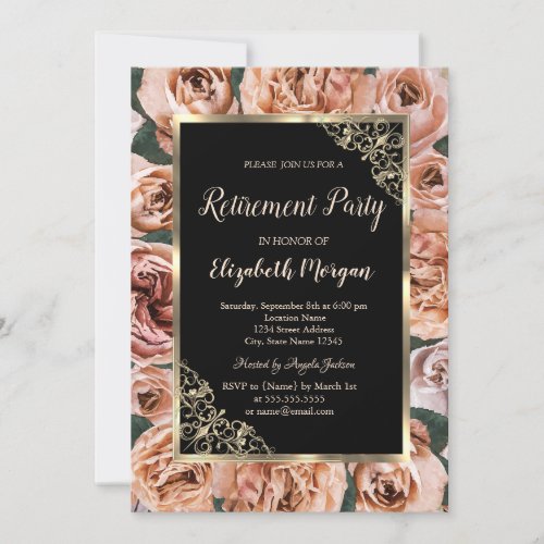 Elegant Gold Floral Frame Roses Retirement  Invitation