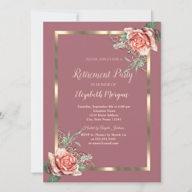 Elegant Gold Floral Frame Roses Retirement Invitation (Front)