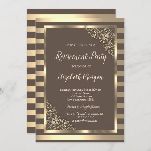 Elegant Gold Floral Frame Striped Brown Retirement Invitation