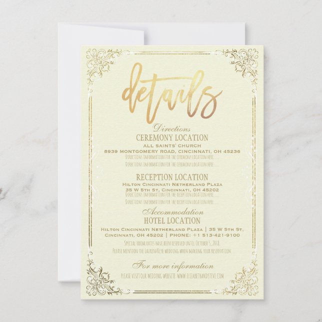Elegant Gold Floral Frame Wedding Direction Detail Invitation (Front)