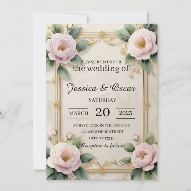 Elegant Gold Floral Frame Wedding Invitation (Front)