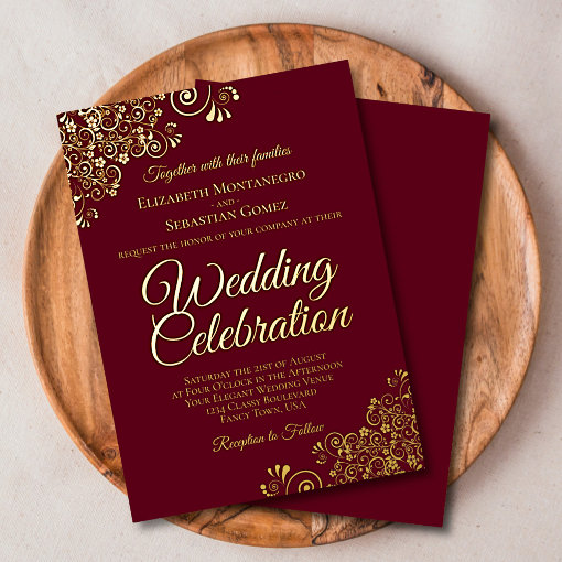 Elegant Gold Floral Frills Burgundy Maroon Wedding Foil Invitation | Zazzle