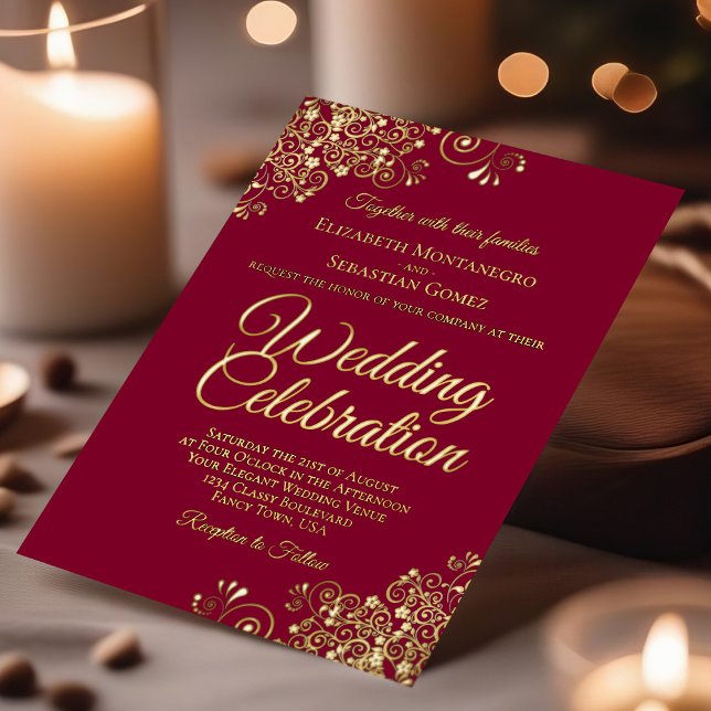 Elegant Gold Floral Frills Burgundy Maroon Wedding Foil Invitation (Creator Uploaded)