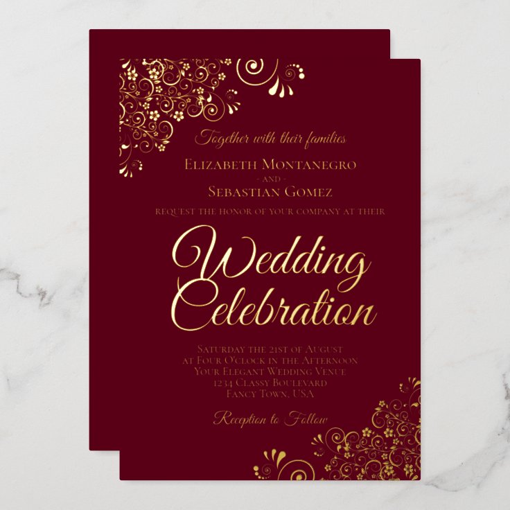Elegant Gold Floral Frills Burgundy Maroon Wedding Foil Invitation Zazzle