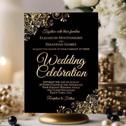 Elegant Gold Floral Frills Classic Black Wedding Foil Invitation