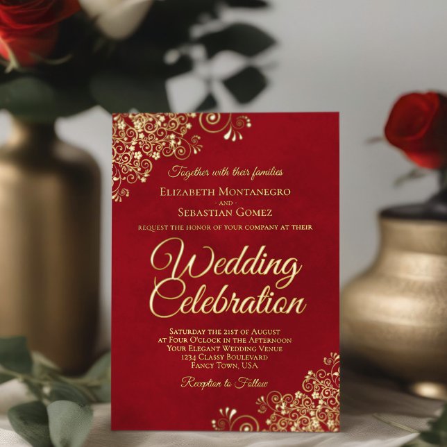 Elegant Gold Floral Frills Crimson Red Wedding Foil Invitation (Creator Uploaded)