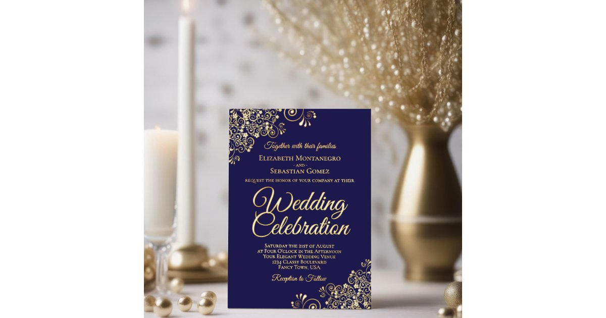 Elegant Gold Floral Frills Dark Navy Blue Wedding Foil Invitation | Zazzle