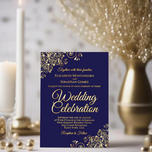 Elegant Gold Floral Frills Dark Navy Blue Wedding Foil Invitation | Zazzle