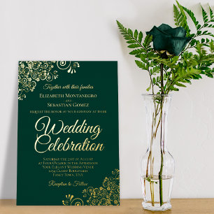 Elegant Gold Floral Frills Emerald Green Wedding Foil Invitation