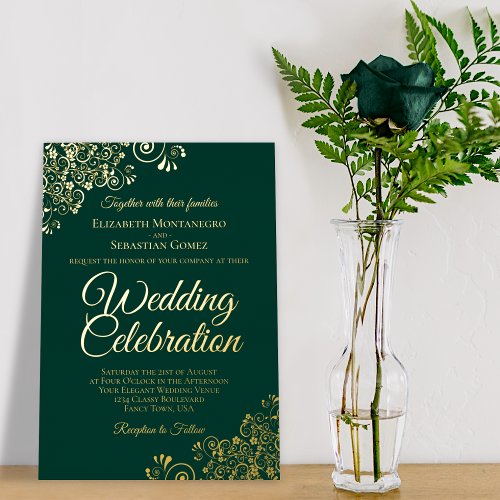 Elegant Gold Floral Frills Emerald Green Wedding Foil Invitation
