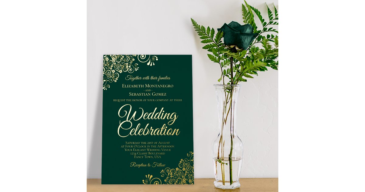 Elegant Gold Floral Frills Emerald Green Wedding Foil Invitation | Zazzle