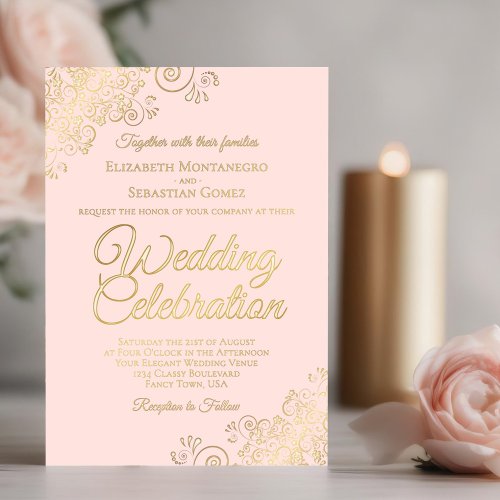Elegant Gold Floral Frills on Blush Pink Wedding Foil Invitation
