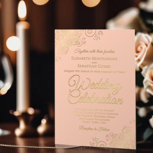 Elegant Gold Floral Frills on Coral Peach Wedding Foil Invitation