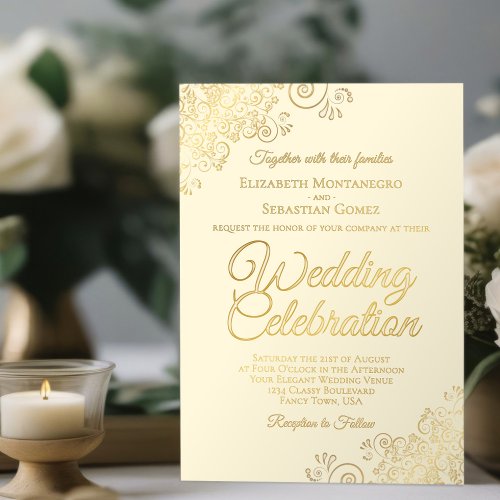 Elegant Gold Floral Frills on Cream Chic Wedding Foil Invitation