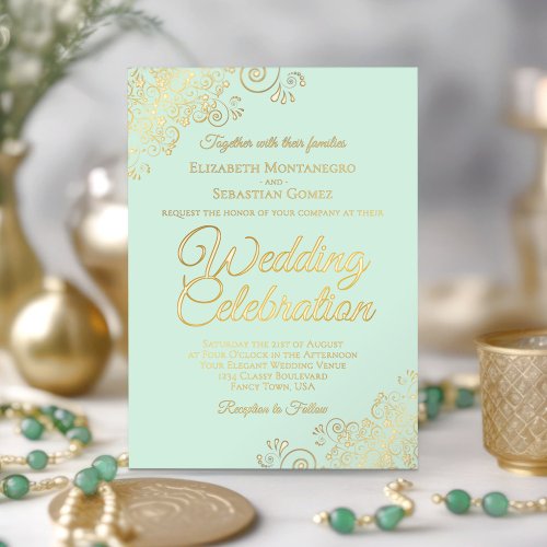 Elegant Gold Floral Frills on Mint Green Wedding Foil Invitation