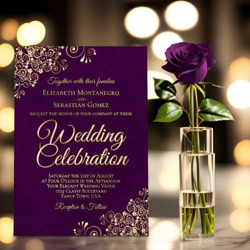 Elegant Gold Floral Frills on Plum Purple Wedding Foil Invitation