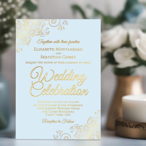 Elegant Gold Floral Frills on Powder Blue Wedding Foil Invitation