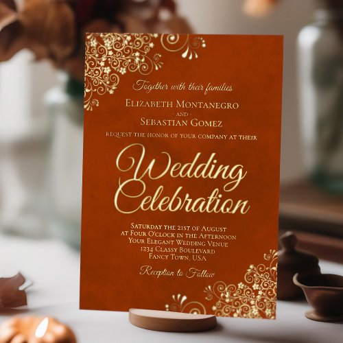 Elegant Gold Floral Frills on Rust Orange Wedding Foil Invitation