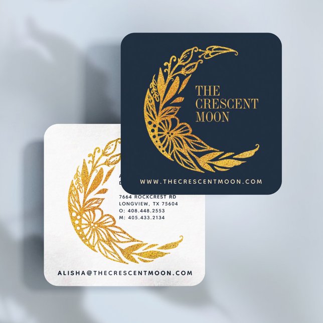 Elegant Gold Floral Garden Crescent Moon Square Business Card (Creator Uploaded)
