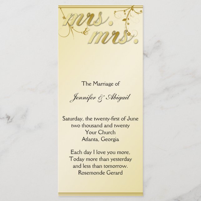 Elegant Gold Floral Gay Wedding Program (Front)