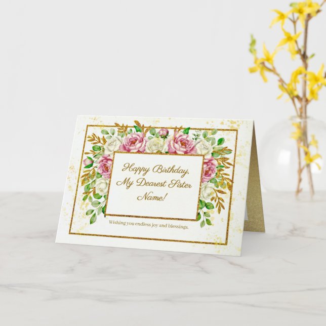 Elegant Gold Floral Glitter Personalized Birthday Card (Yellow Flower)