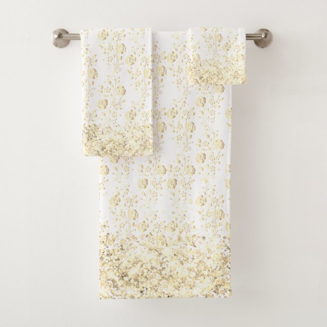 Elegant Gold Floral Glittery Glam Bath Towel Set (Insitu)
