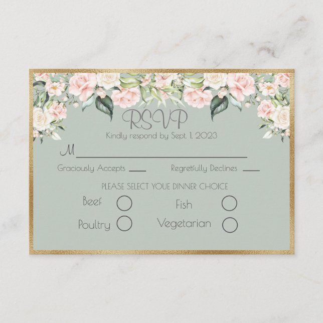 Elegant Gold Floral Green Script Wedding RSVP Card (Front)
