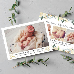 Elegant Gold Floral Greenery Baby Girl Photo Birth Announcement