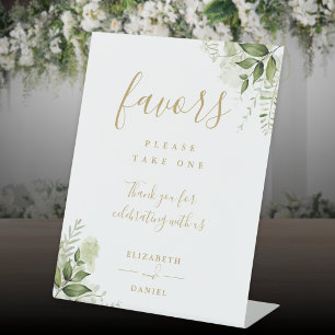 Elegant Gold Floral Greenery Modern Script Favors Pedestal Sign