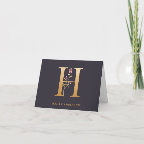 Elegant Gold Floral H Monogram Chic Personalized Note Card