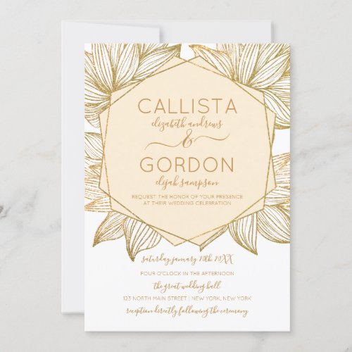 Elegant Gold Floral Hexagon Terrarium Wedding Invitation
