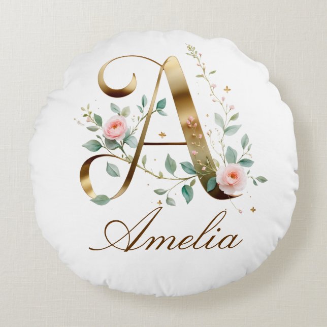 Elegant Gold Floral Initial A Round Throw Pillow (Front)