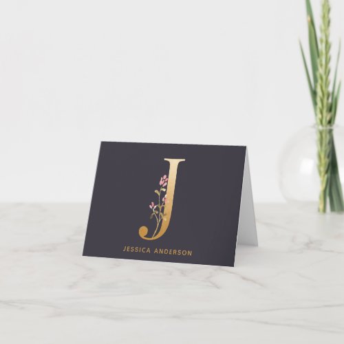 Elegant Gold Floral J Monogram Chic Personalized Note Card