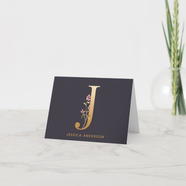 Elegant Gold Floral J Monogram Chic Personalized Note Card (Front)