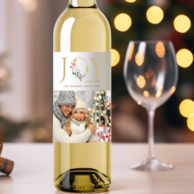 Elegant Gold Floral Joy Holiday Photo Wine Label (Creator Uploaded)