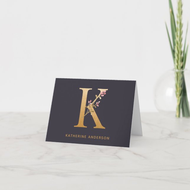 Elegant Gold Floral K Monogram Chic Personalized Note Card (Front)