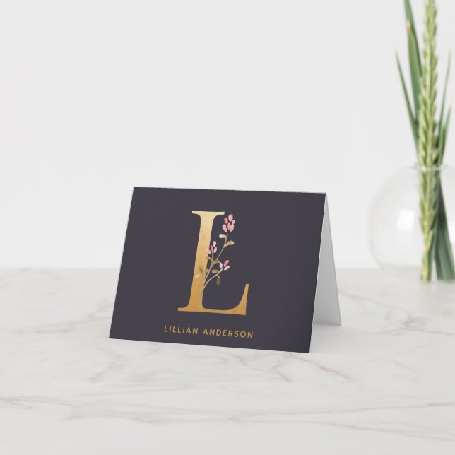 Elegant Gold Floral L Monogram Chic Personalized Note Card (Front)