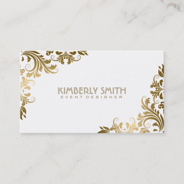 Elegant Gold Floral Lace White Background Business Card (Front)