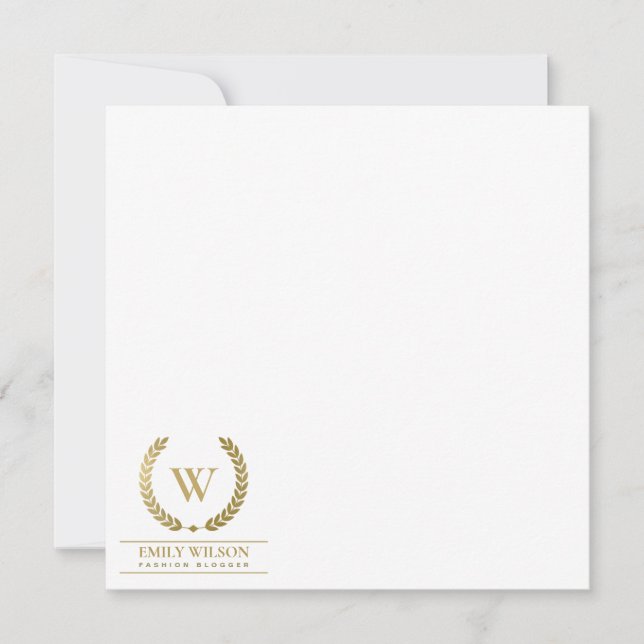 ELEGANT GOLD FLORAL LAUREL WREATH INITIAL COPERATE NOTE CARD (Front)