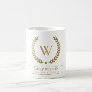 ELEGANT GOLD FLORAL LAUREL WREATH INITIAL MONOGRAM COFFEE MUG