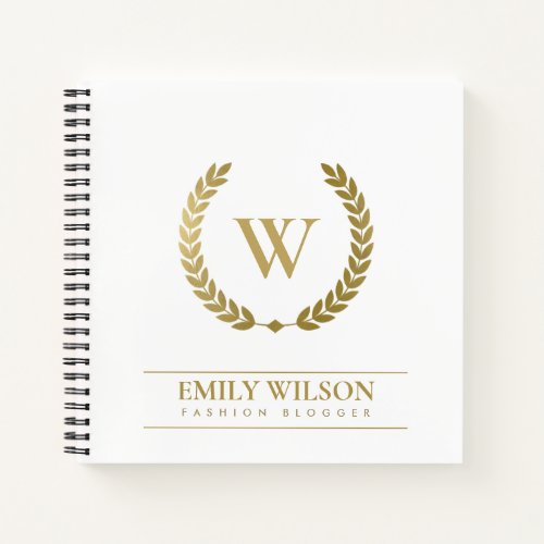 ELEGANT GOLD FLORAL LAUREL WREATH INITIAL MONOGRAM NOTEBOOK