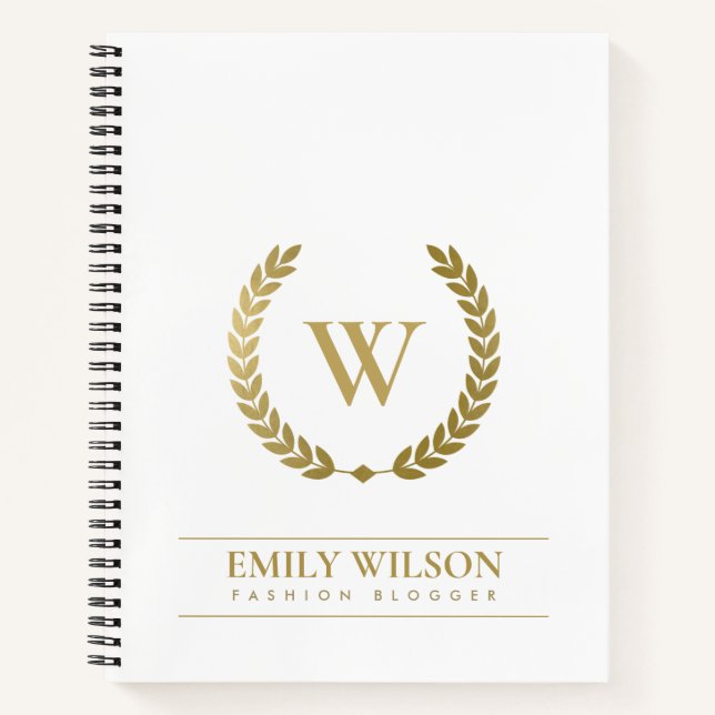ELEGANT GOLD FLORAL LAUREL WREATH INITIAL MONOGRAM NOTEBOOK (Front)