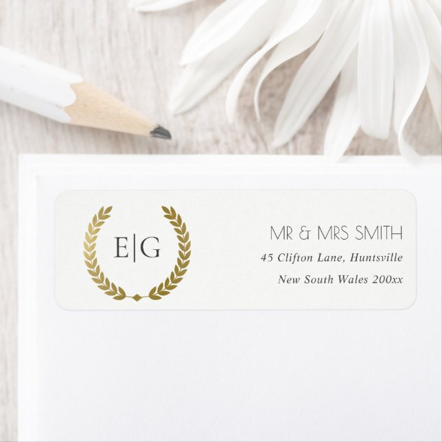 ELEGANT GOLD FLORAL LAUREL WREATH MONOGRAM ADDRESS LABEL (Insitu)