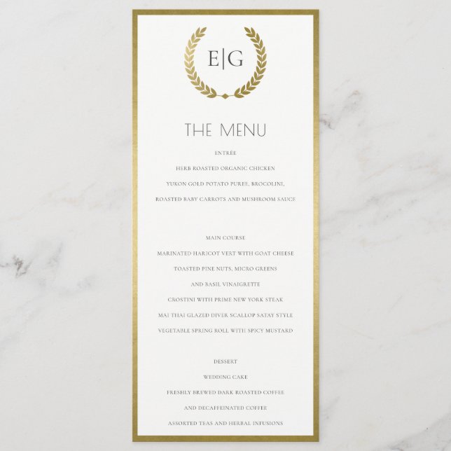 ELEGANT GOLD FLORAL LAUREL WREATH  MONOGRAM  MENU (Front)