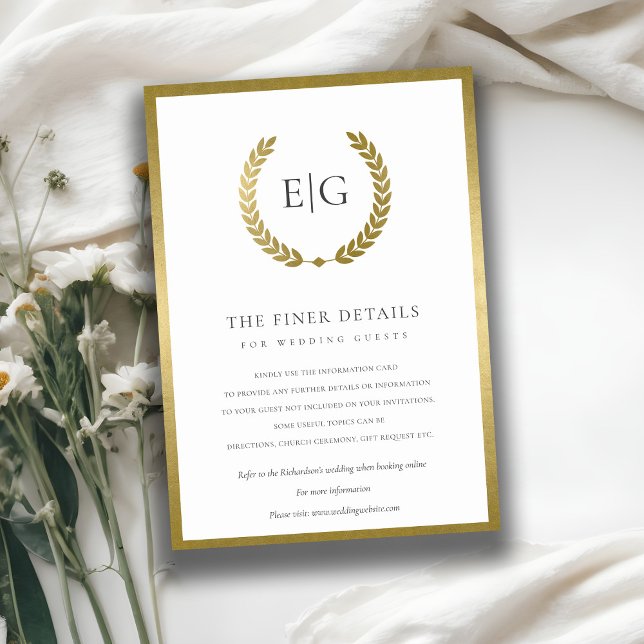 ELEGANT GOLD FLORAL LAUREL WREATH WEDDING DETAIL ENCLOSURE CARD (Creator Uploaded)