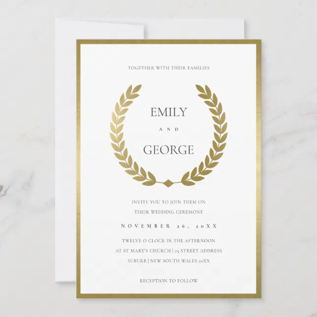 ELEGANT GOLD FLORAL LAUREL WREATH WEDDING INVITE | Zazzle