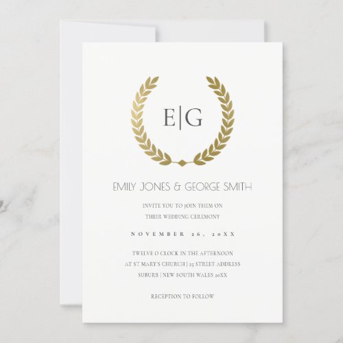 ELEGANT GOLD FLORAL LAUREL WREATH WEDDING INVITE