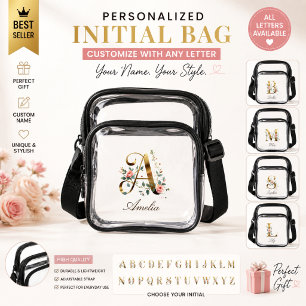 Elegant Gold Floral Letter A Clear Crossbody Bag