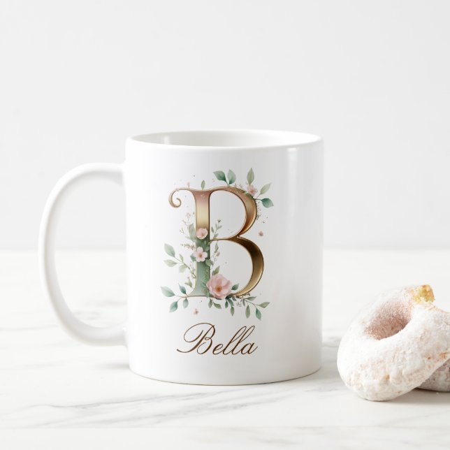 Elegant Gold Floral Letter B Monogram Mug (With Donut)