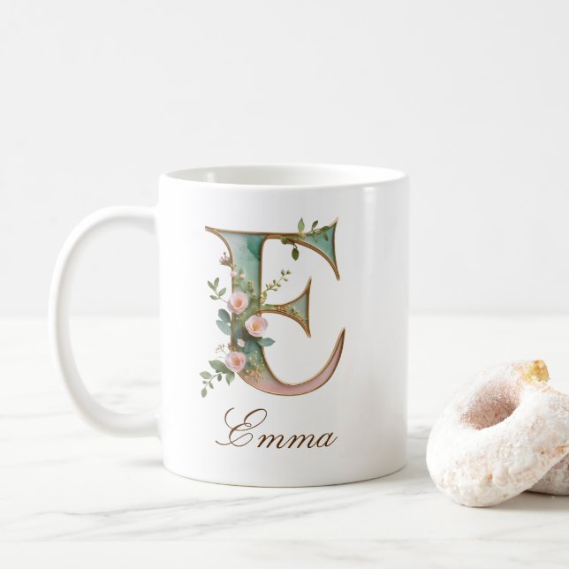 Elegant Gold Floral Letter E Monogram Mug (With Donut)